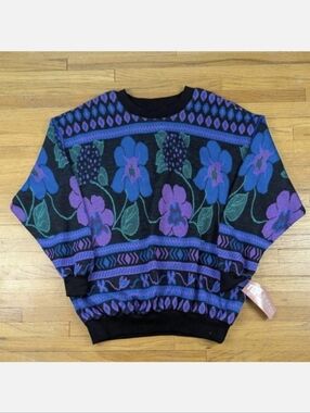 Vintage 80s Top Notch Floral Geometric Knit Sweater NWT 1X